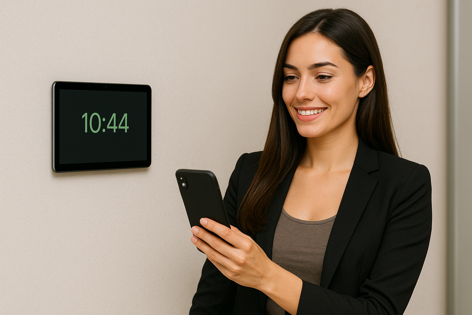 Equipo fichando su jornada laboral desde una tablet en la empresa